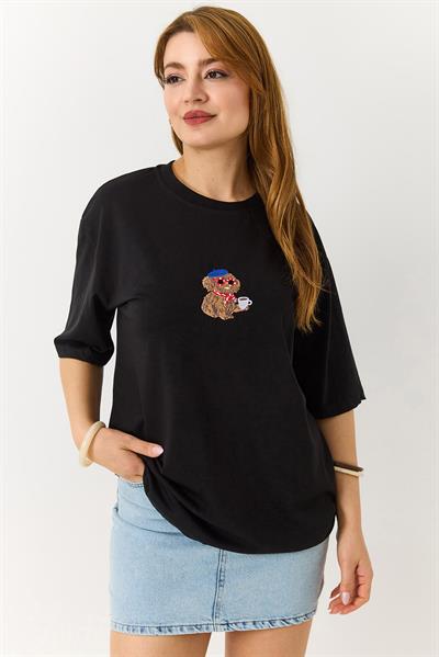 Kadın Nakışlı Bisiklet Yaka Tshirt Siyah