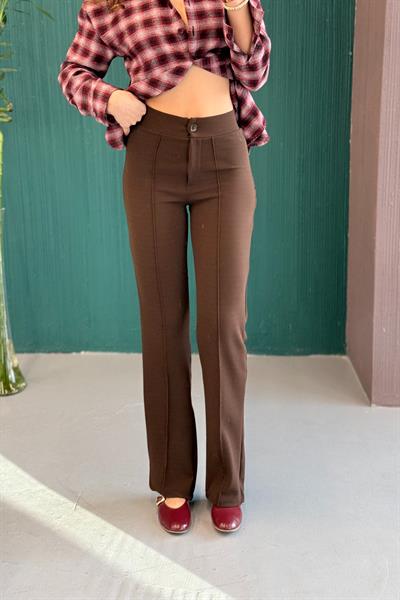Likralı Krep Örme Kumaşı Yüksek Bel Çımalı Pantolon  Kahverengi 