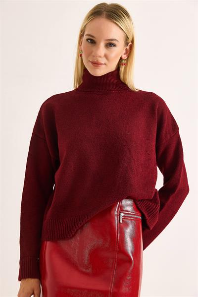 Kadın Oversize Boğazlı Kazak Bordo