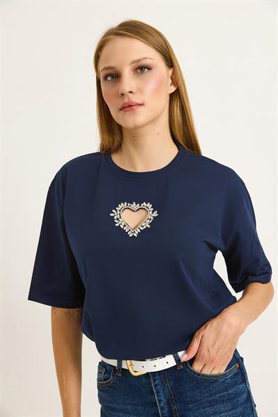 Kalp Detaylı  Oversize Kadın Tshirt Lacivert