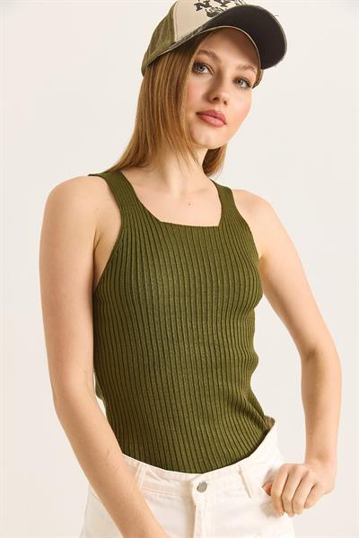 Kare Yaka Kalın Askılı Triko Atlet Bluz Haki