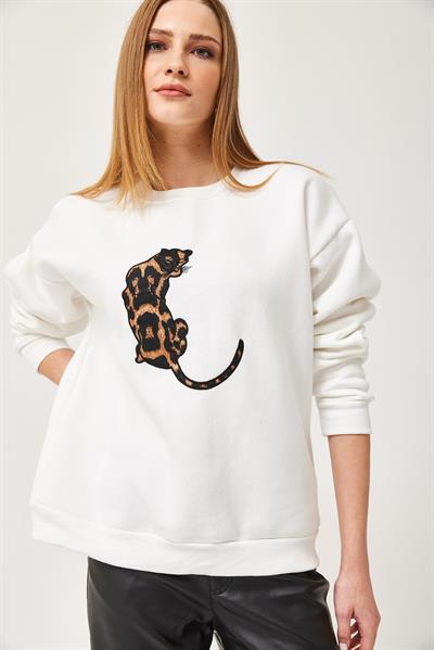 Leopar Baskılı Üç İplik Şardonlu Sweatshirt Beyaz