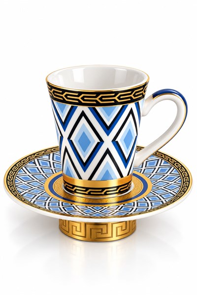 6lı Geometrik Desenli Tabağı İçe Geçmeli Fincan Takımı Mavi