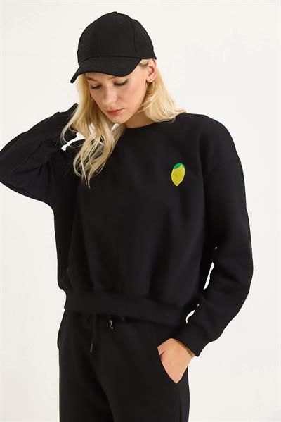Limon Nakışlı Üç İplik Swetshirt Siyah