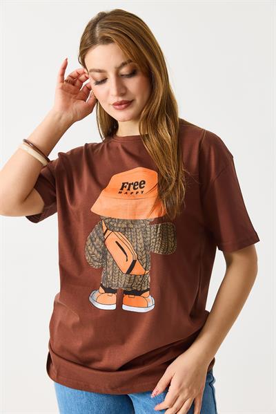 Kadın Baskılı Bisiklet Yaka Kısa Kol Tshirt Kahverengi