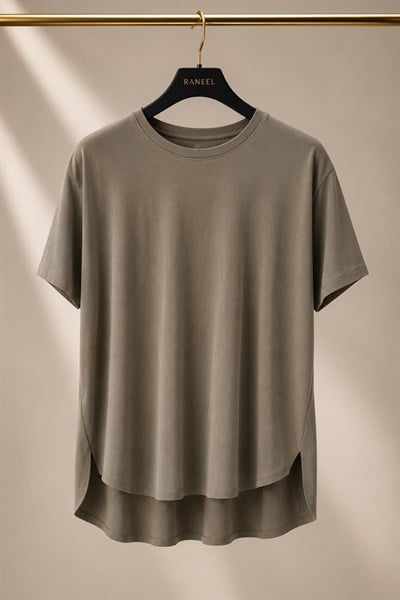 Kadın Bisiklet Yaka Kısa Kollu Oversize Tshirt Haki