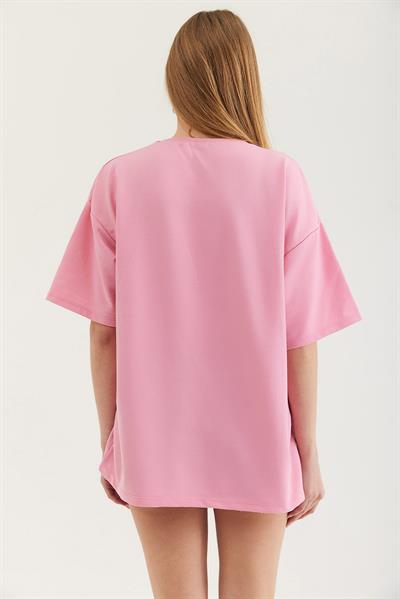 Bisiklet Yaka Oversize T-Shirt Pembe