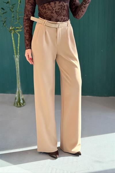 Likralı Krep Örme Kumaş Kemerli Salaş Pantolon Bej