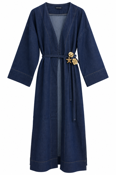 Kadın Yanları Yırtmaçlı Önden Bağlama Ve Charm Detaylı Jean Kap/Abaya Lacivert