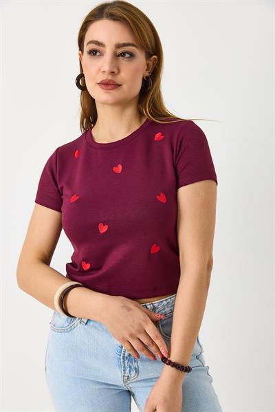 Kadın Kısa Kollu Kırmızı Kalp Baskılı Bordo