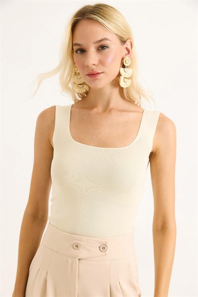  Kare Yaka Crop Triko Bluz Bej