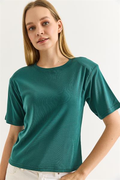 Vatkalı Bisiklet Yaka Basic Tshirt Yeşil