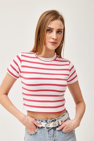 Çizgili Bisiklet Yaka Crop Bluz Pembe