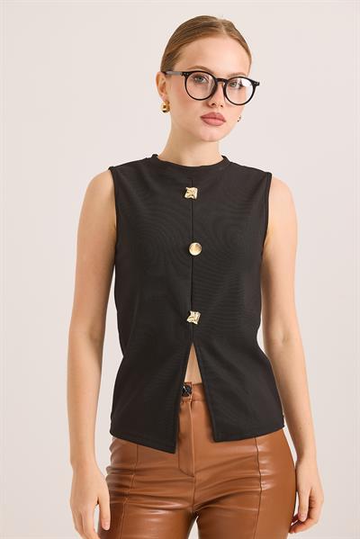 Bisiklet Yaka Gold Düğmeli Ottoman Fitilli Bluz Siyah