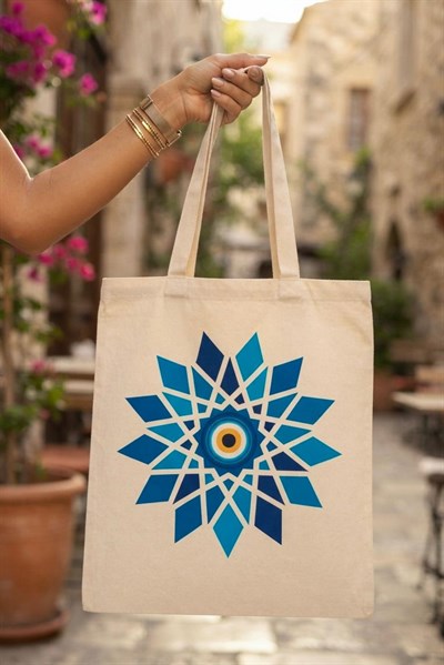 Kadın Nazar Boncuğu Tasarımlı Geometrik Mandala Desenli 40X32 Ölçülü Bez Omuz Çantası Mavi