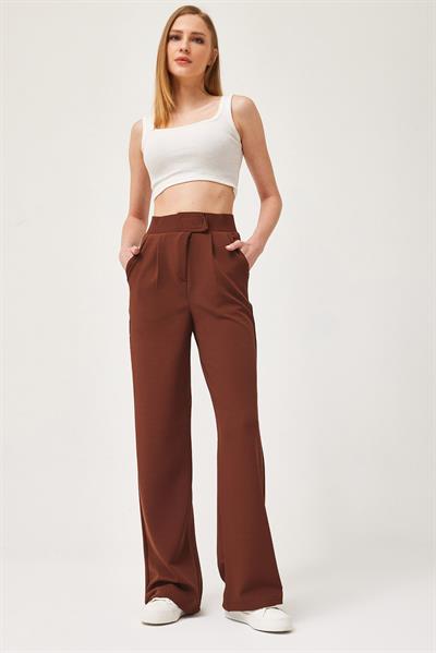 Beli Cırtlı Rahat Palazzo Pantolon Kahverengi