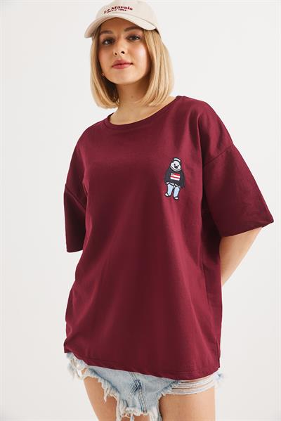 Nakışlı Bisiklet Yaka Tshirt Bordo