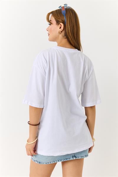 Kadın Nakışlı Bisiklet Yaka Tshirt Beyaz