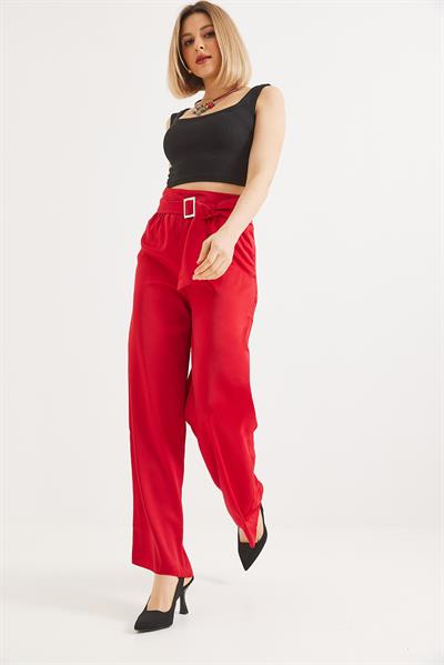 Kemerli Yüksek Bel İspanyol Paça Pantolon Kırmızı