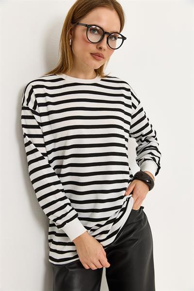Çizgili Oversize Tunik Siyah Beyaz