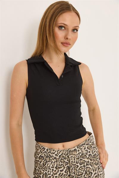 Yakalı Düğmeli Fitilli Crop Bluz Siyah