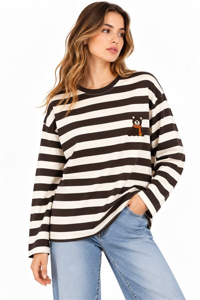 Kadın Ayıcık Baskılı Bisiklet Yaka Oversize Sweatshirt Kahverengi