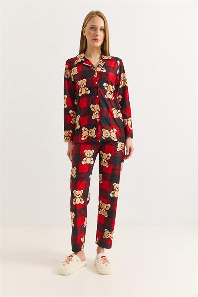 Kadın Kırmızı Pamuklu Polo Yaka Ayıcık Baskılı Polo Yaka Pijama Takımı 