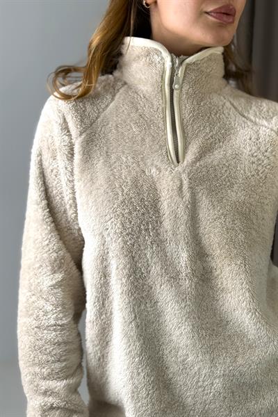 Kadın Yarım Fermuarlı  Welsoft Peluş Bej Sweatshirt 
