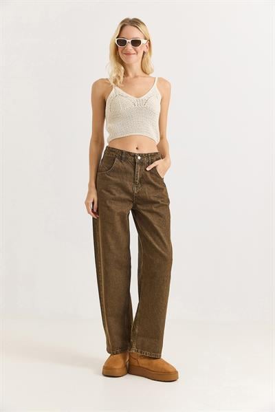 Kadın Bol Paça Kot Pantalon  Kahverengi