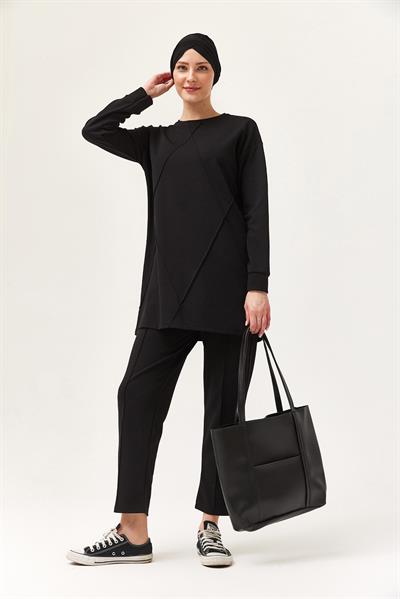 Kadın Çapraz Çizgili İkili Takım Siyah