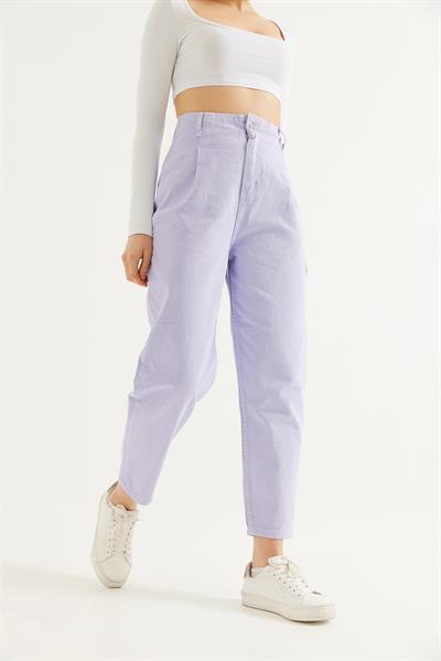 Yüksek Bel Bol Kesim Pantolon Lila