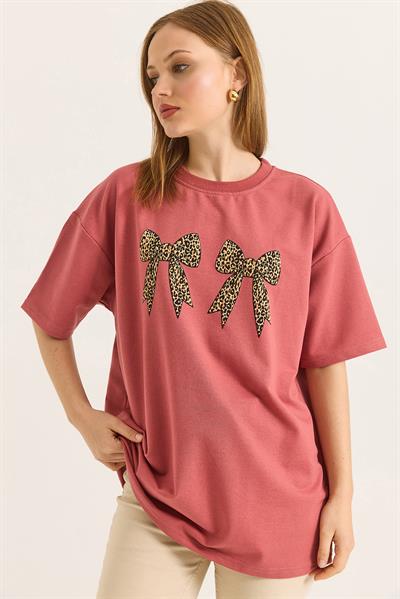 Kurdele Baskı Detaylı Basic TShirt Gül Kurusu