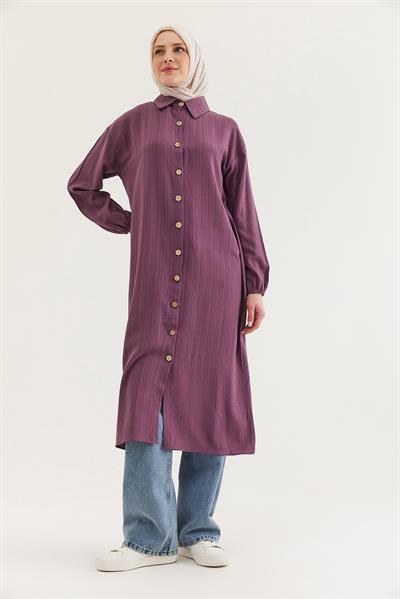 Keten Düğmeli Uzun Tesettür Tunik Mürdüm