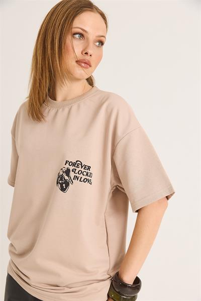 Baskılı Oversize İki İplik Tshirt Vizon