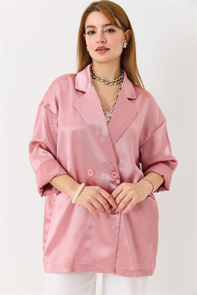 Kadın  Kruvaze Yaka Saten Oversize Blazer Ceket Pembe