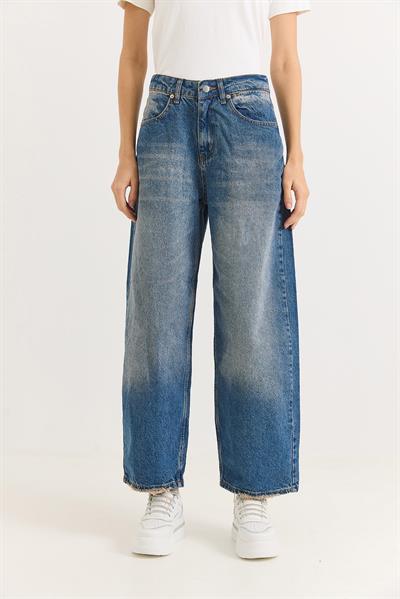 Kadın Bol Kesik Paça Şık Kot Pantalon  Mavi