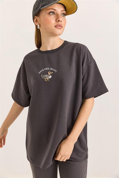 Duck Nakışlı Oversize İki İplik Tshirt Füme