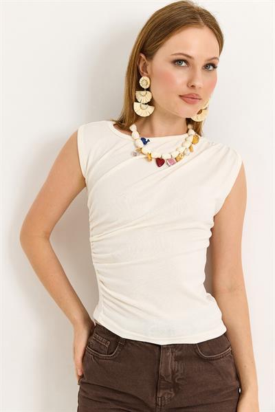 Yanları Büzgülü Pamuk Örme Bluz Beyaz