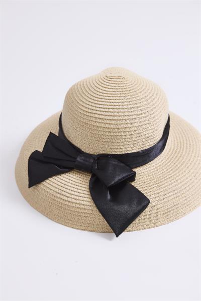 Fiyonk Detaylı Kadın Hasır Plaj Havuz Şapkası Bej