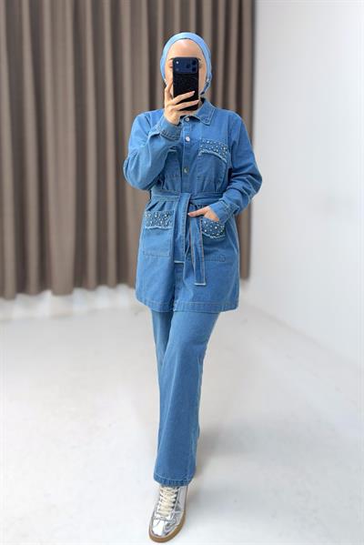 Kadın Taş Detaylı Kot Ceket Pantolon Takım Açık Mavi