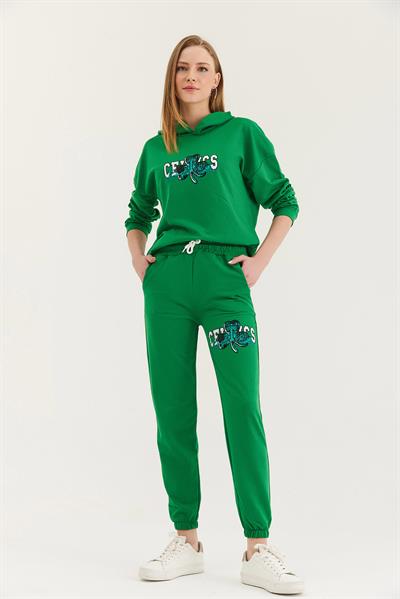 Kapüşonlu Baskılı Eşofman Takım Yeşil