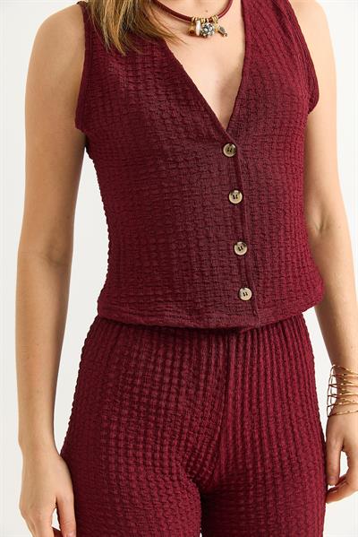 Crop Yelek Pantolon İkili Takım Bordo