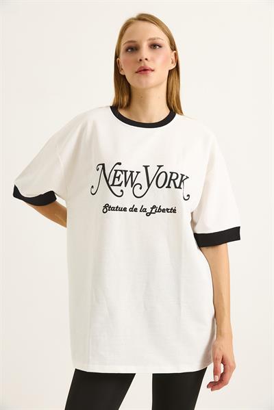 Kolları Garnili Baskılı  Oversize Kadın Tshirt