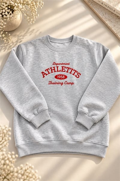 Kadın Yazı Nakışlı Bisiklet Yaka Şardonlu Sweatshirt Gri