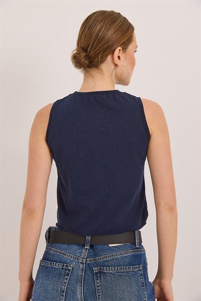 Sıfır Kol Yuvarlak Yaka Havalı Crop Tshirt Lacivert