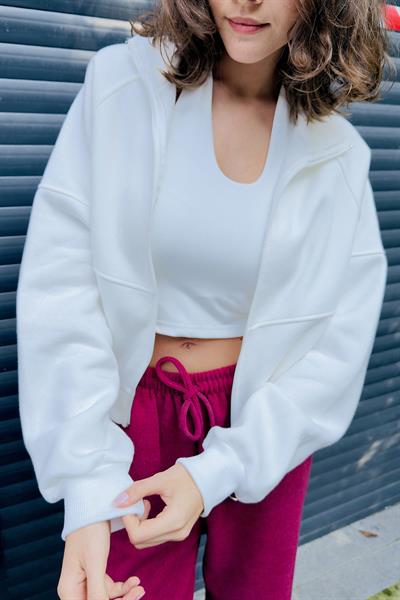 Kadın Fermuarlı Dikiş Detaylı Sweat Beyaz
