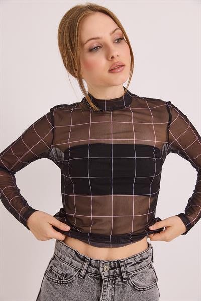 Desenli Siyah Transparan Esnek Şık Bluz Siyah