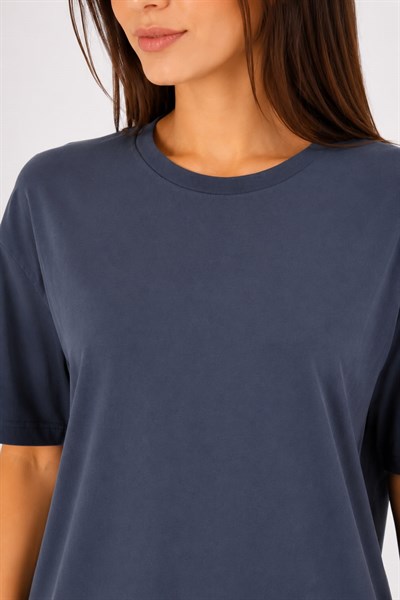 Kadın Bisiklet Yaka Oversize Basic Pamuk Tshirt Antrasit