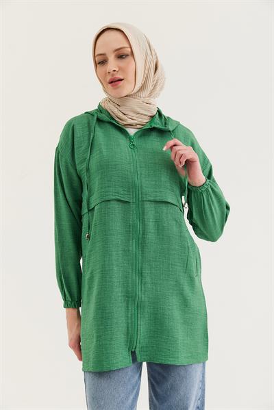 Araboy Kapşonlu Keten Kap Yeşil