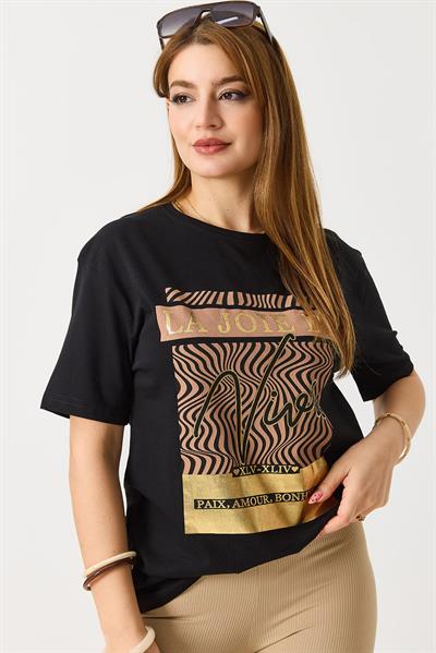 Kadın Parlak Yazılı Baskılı Tshirt Siyah
